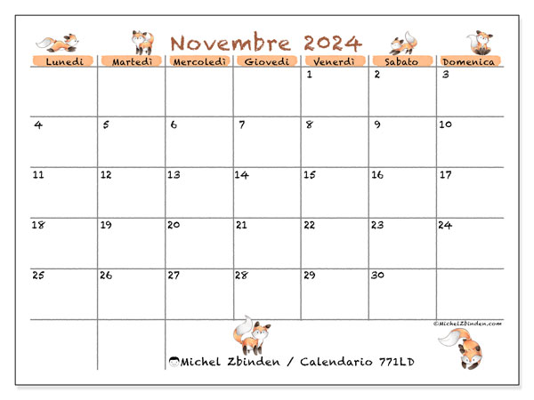 Calendario novembre 2024 “771”. Programma da stampare gratuito.. Da lunedì a domenica