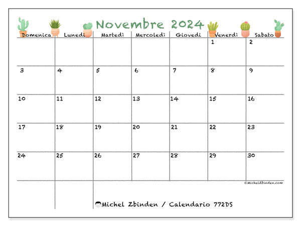 Calendario novembre 2024 “772”. Calendario da stampare gratuito.. Da domenica a sabato