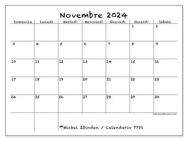 Calendario novembre 2024 “77”. Calendario da stampare gratuito.. Da domenica a sabato