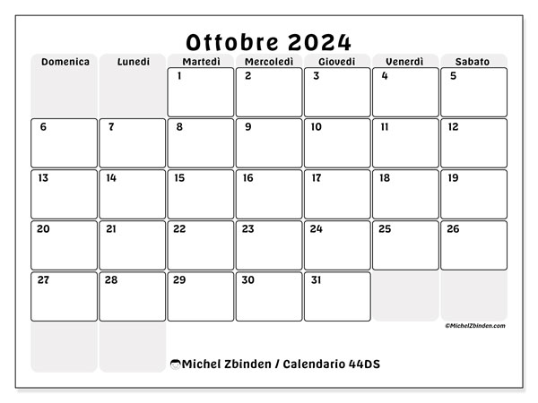 Calendario ottobre 2024 “44”. Piano da stampare gratuito.. Da domenica a sabato