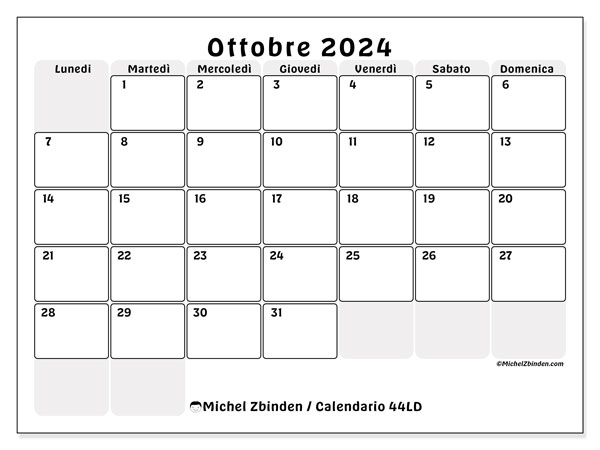 Calendario ottobre 2024 “44”. Piano da stampare gratuito.. Da lunedì a domenica