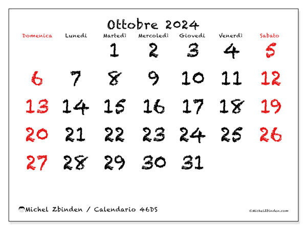 Calendario ottobre 2024 “46”. Orario da stampare gratuito.. Da domenica a sabato