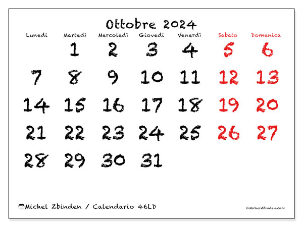Calendario ottobre 2024 “46”. Orario da stampare gratuito.. Da lunedì a domenica