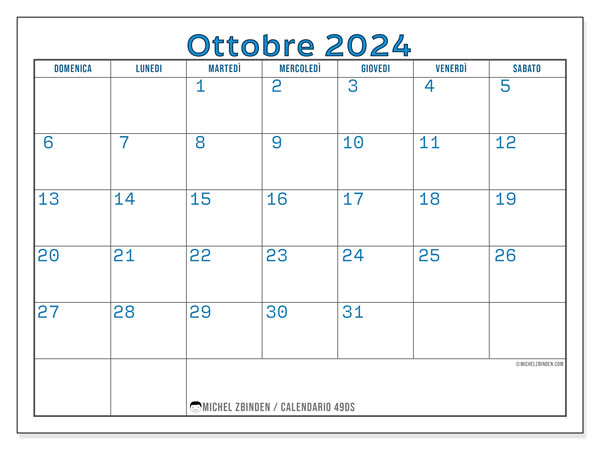 Calendario ottobre 2024 “49”. Piano da stampare gratuito.. Da domenica a sabato