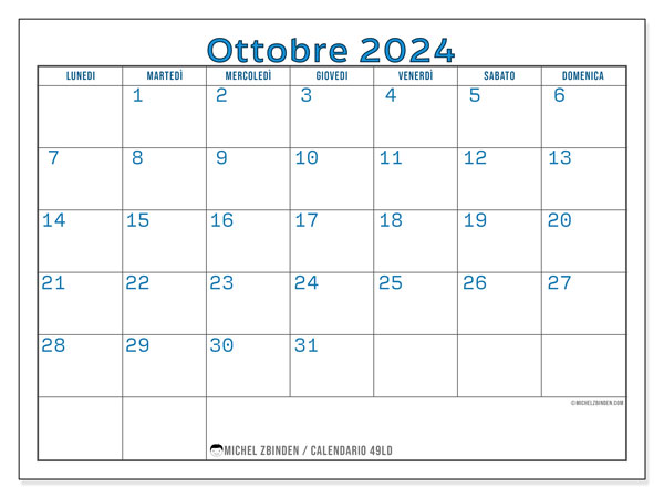 Calendario ottobre 2024 “49”. Piano da stampare gratuito.. Da lunedì a domenica