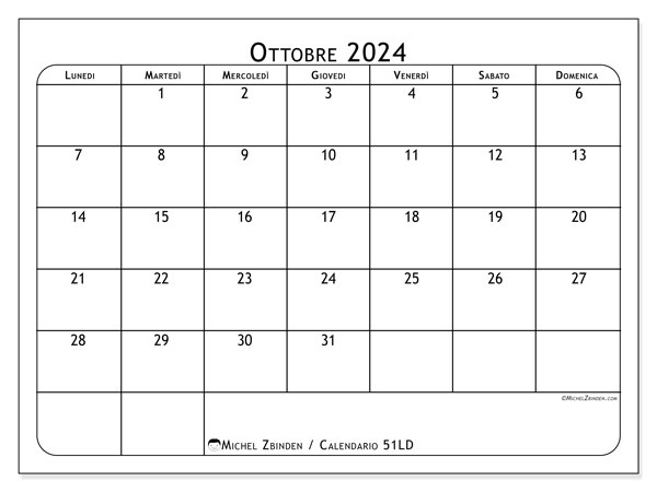 Calendario ottobre 2024 “51”. Programma da stampare gratuito.. Da lunedì a domenica