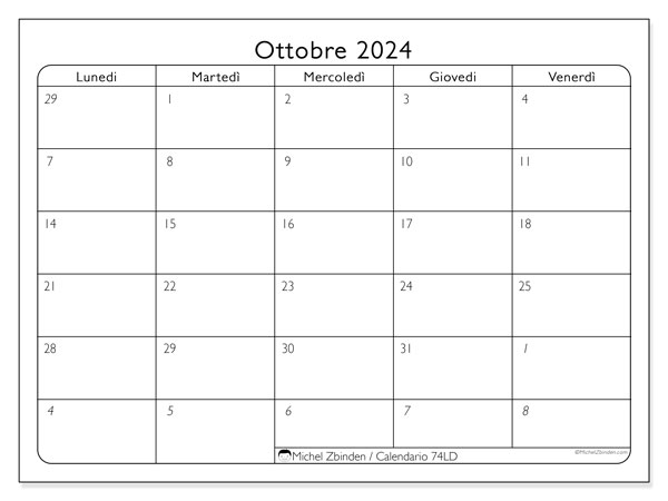 Calendario ottobre 2024, 74DS. Calendario da stampare gratuito.