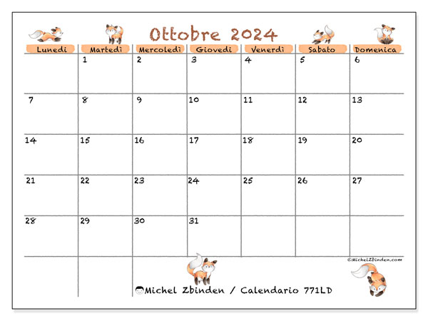 Calendario ottobre 2024 “771”. Programma da stampare gratuito.. Da lunedì a domenica