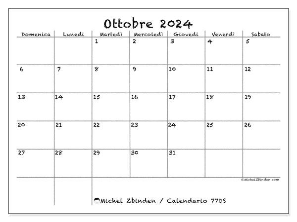 Calendario ottobre 2024 “77”. Piano da stampare gratuito.. Da domenica a sabato