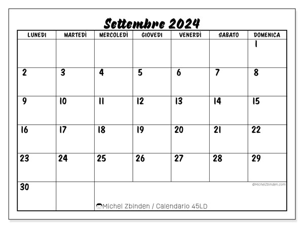 Calendario settembre 2024, 45DS. Piano da stampare gratuito.