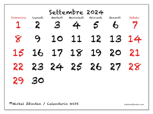 Calendario settembre 2024 “46”. Programma da stampare gratuito.. Da domenica a sabato