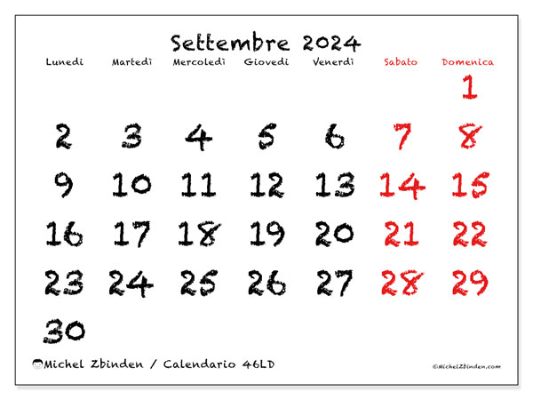 Calendario settembre 2024 “46”. Programma da stampare gratuito.. Da lunedì a domenica
