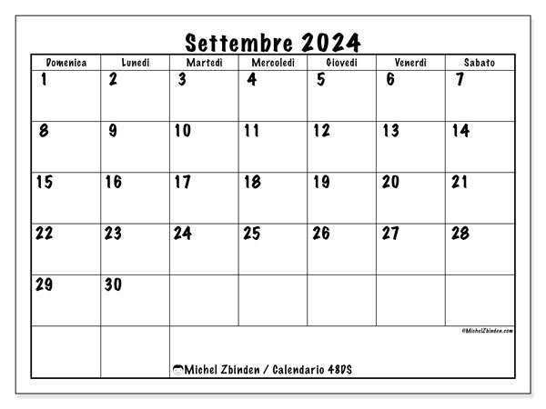 Calendario settembre 2024 “48”. Piano da stampare gratuito.. Da domenica a sabato