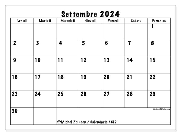 Calendario settembre 2024 “48”. Piano da stampare gratuito.. Da lunedì a domenica