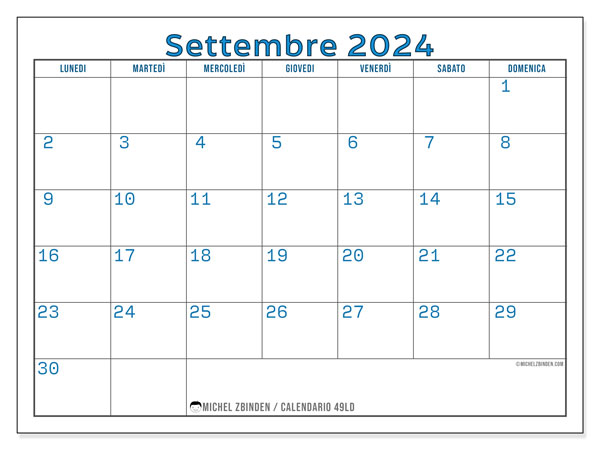 Calendario settembre 2024, 49LD. Piano da stampare gratuito.