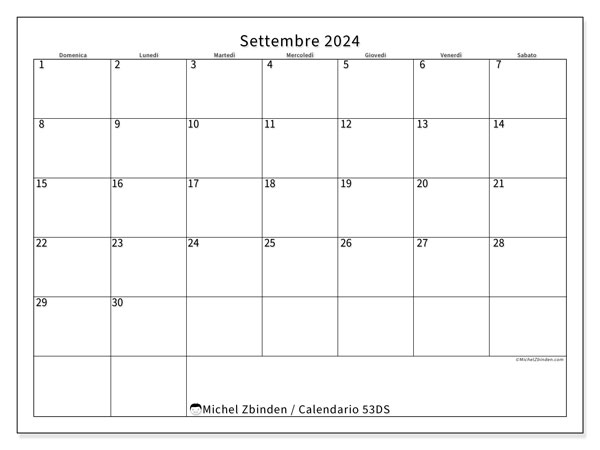 Calendario settembre 2024 “53”. Programma da stampare gratuito.. Da domenica a sabato