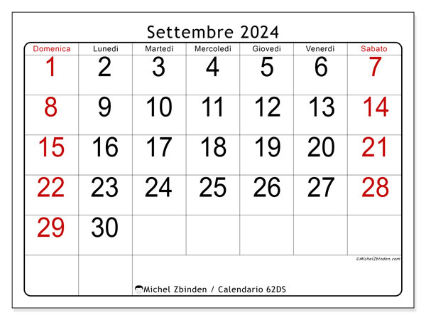 Calendario settembre 2024 “62”. Orario da stampare gratuito.. Da domenica a sabato