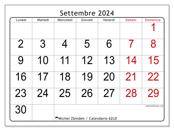 Calendario settembre 2024 “62”. Orario da stampare gratuito.. Da lunedì a domenica