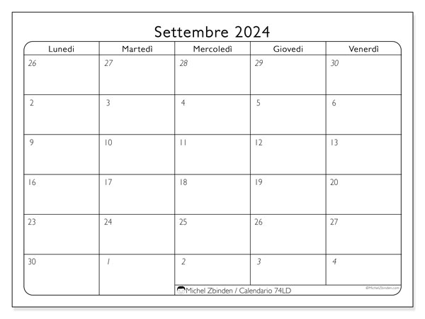 Calendario settembre 2024, 74LD. Piano da stampare gratuito.