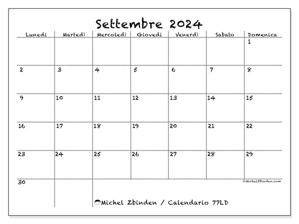 Calendario settembre 2024 “77”. Programma da stampare gratuito.. Da lunedì a domenica