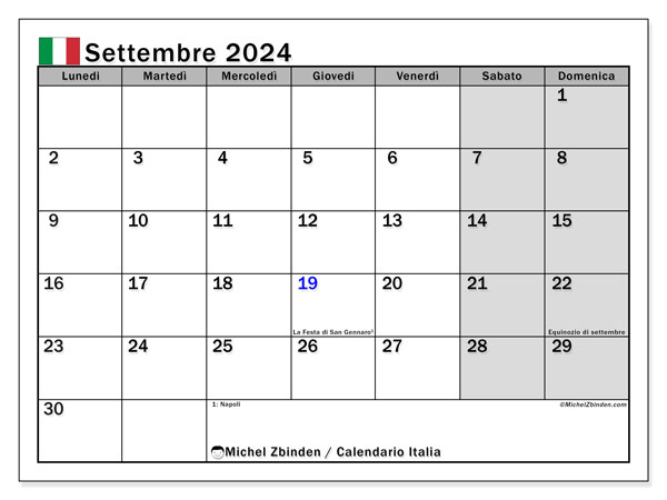 Kalendarz wrzesień 2024, Włochy (IT). Darmowy program do druku.
