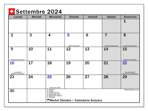 Calendario settembre 2024 “Svizzera”. Orario da stampare gratuito.. Da lunedì a domenica
