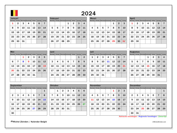 Kalender 2024, Belgien (NL). Schema för gratis utskrift.