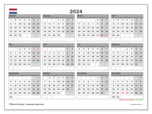 Kalender annuel 2024 “Nederland”. Gratis af te drukken agenda.. Maandag tot zondag