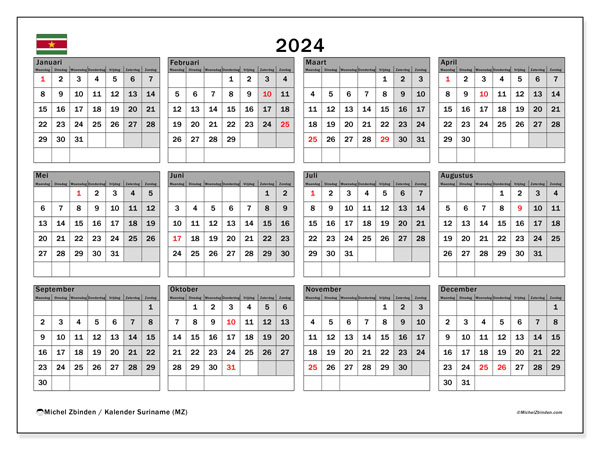 Kalender annuel 2024 “Suriname”. Gratis afdrukbare kalender.. Maandag tot zondag