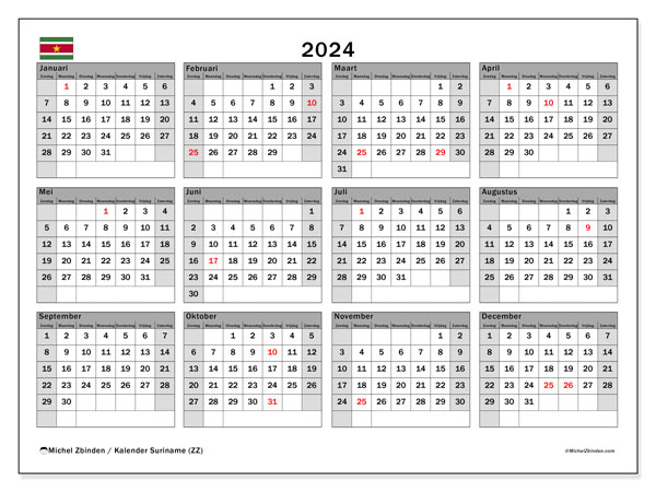 Kalender annuel 2024 “Suriname”. Gratis afdrukbare kalender.. Zondag tot zaterdag