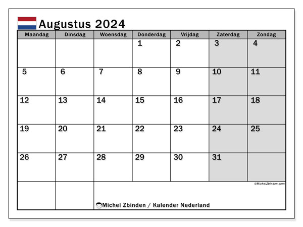 Kalender augustus 2024, Nederland. Gratis afdrukbaar programma.