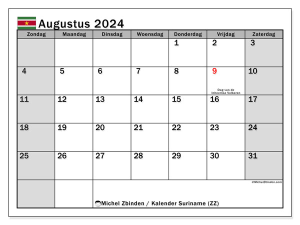 Kalender augustus 2024 “Suriname”. Gratis afdrukbare kalender.. Zondag tot zaterdag