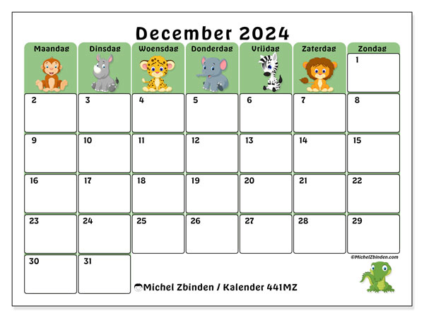 Kalender december 2024, 441ZZ. Gratis printbaar schema.