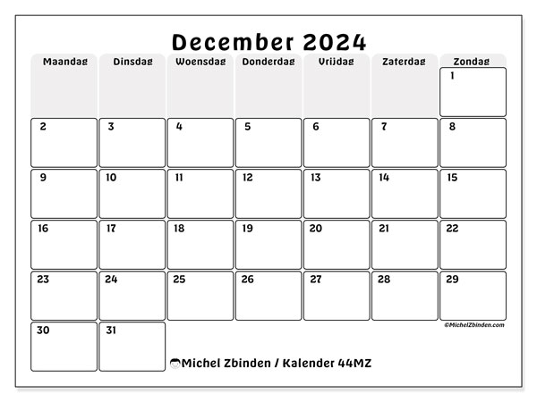 Kalender december 2024, 44MZ. Gratis printbaar schema.