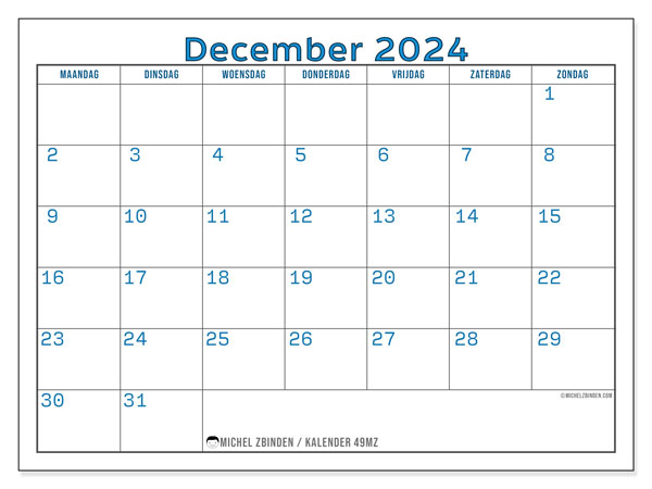 Kalender december 2024, 49ZZ. Gratis printbaar schema.