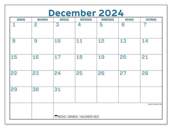 Kalender december 2024, 49ZZ. Gratis printbaar schema.