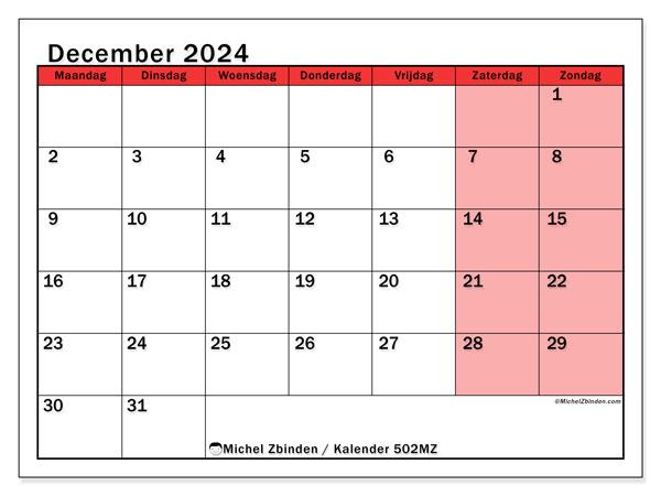 Kalender december 2024, 502MZ. Gratis printbaar schema.