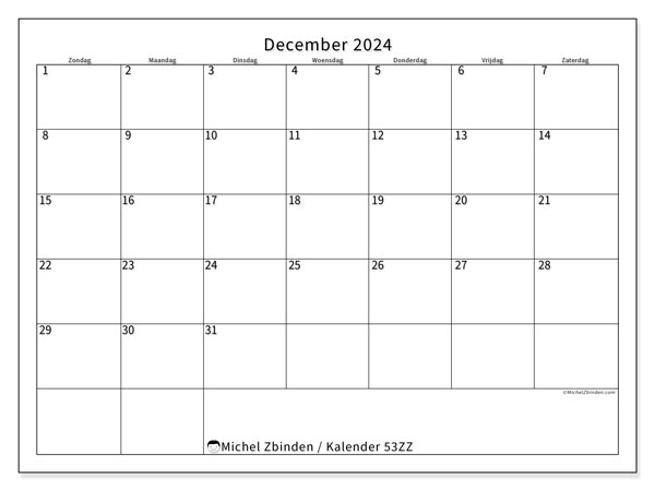 Kalender december 2024, 53ZZ. Gratis printbaar schema.