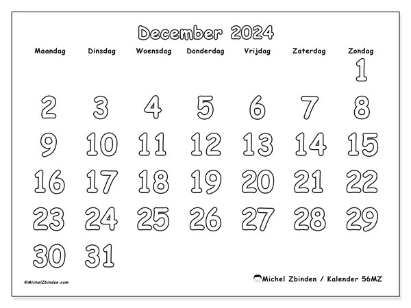 Kalender december 2024, 56MZ. Gratis printbaar schema.