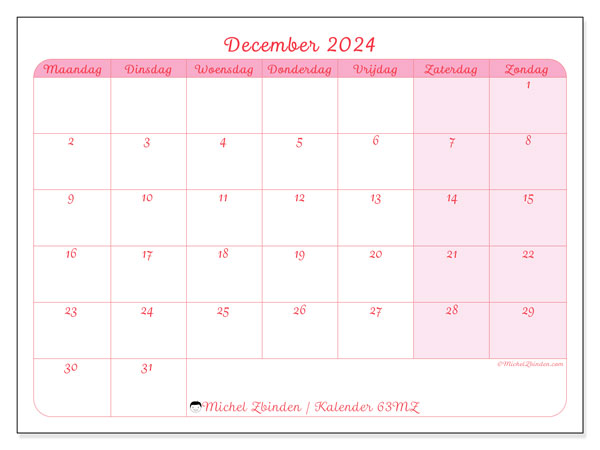 Kalender december 2024, 63MZ. Gratis printbaar schema.