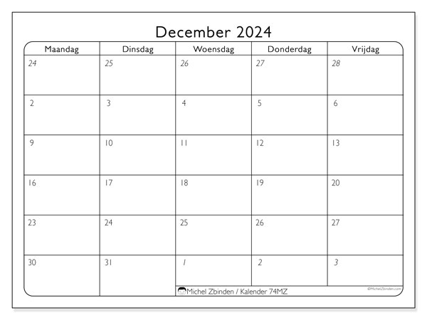 Kalender december 2024, 74MZ. Gratis printbaar schema.