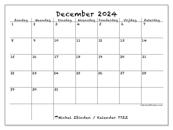 Kalender december 2024, 77ZZ. Gratis printbaar schema.