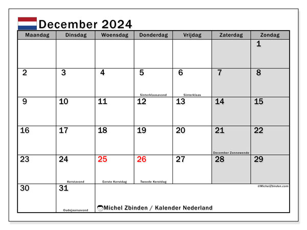 Kalender december 2024, Nederländerna (NL). Schema för gratis utskrift.