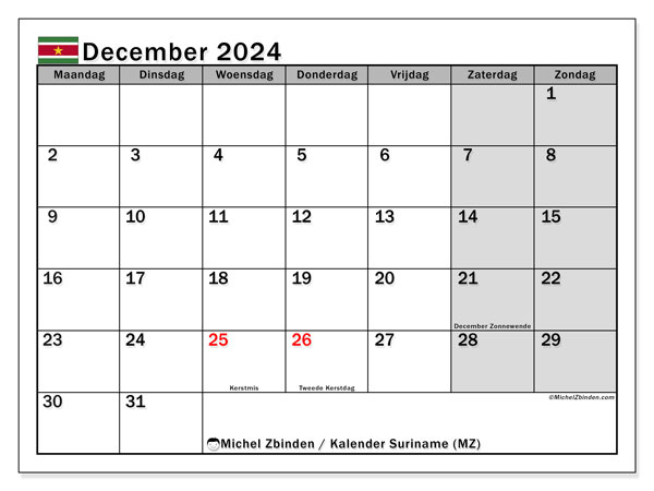 Kalender december 2024, Suriname. Gratis printbaar schema.
