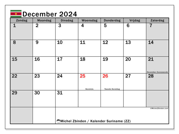 Kalender december 2024 “Suriname”. Gratis printbare kaart.. Zondag tot zaterdag