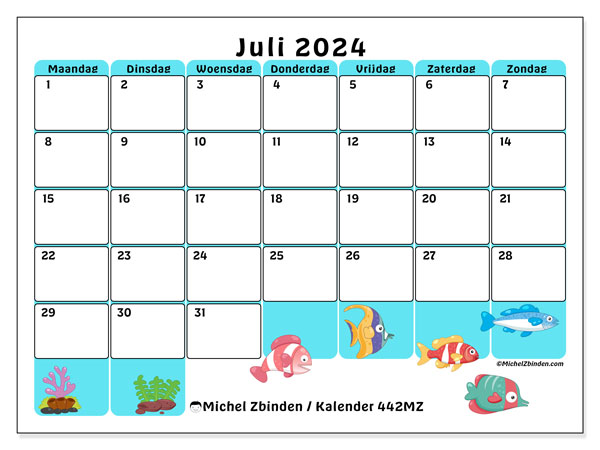 Kalender juli 2024, 442ZZ. Gratis printbaar schema.