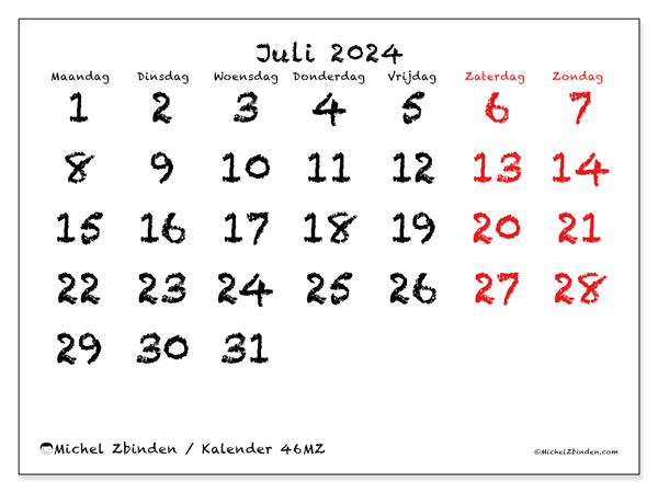 Kalender juli 2024, 46MZ. Gratis printbaar schema.