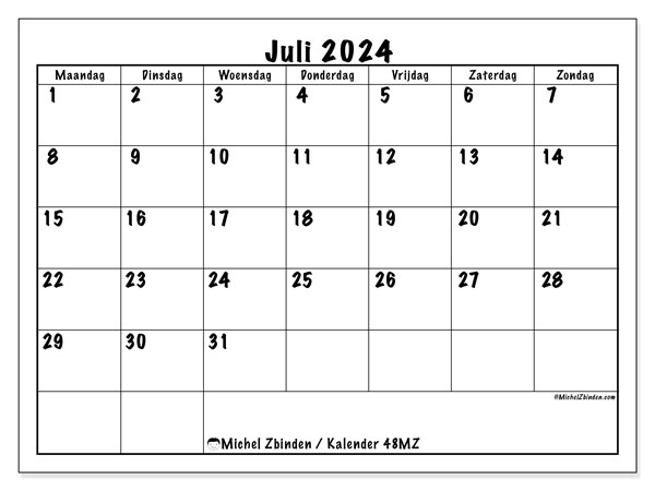 Kalender juli 2024, 48MZ. Gratis printbaar schema.