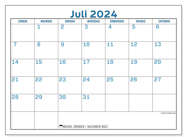 Kalender juli 2024, 49ZZ. Gratis printbaar schema.