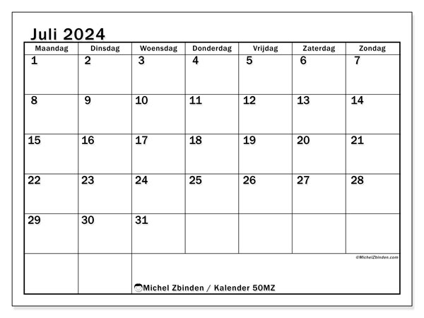 Kalender juli 2024, 50MZ. Gratis printbaar schema.